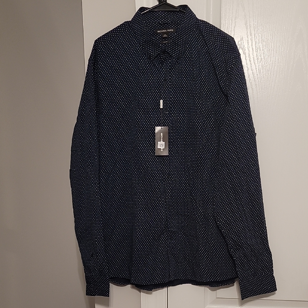 Michael Kors Navy Blue Patterned Button Down Shirt